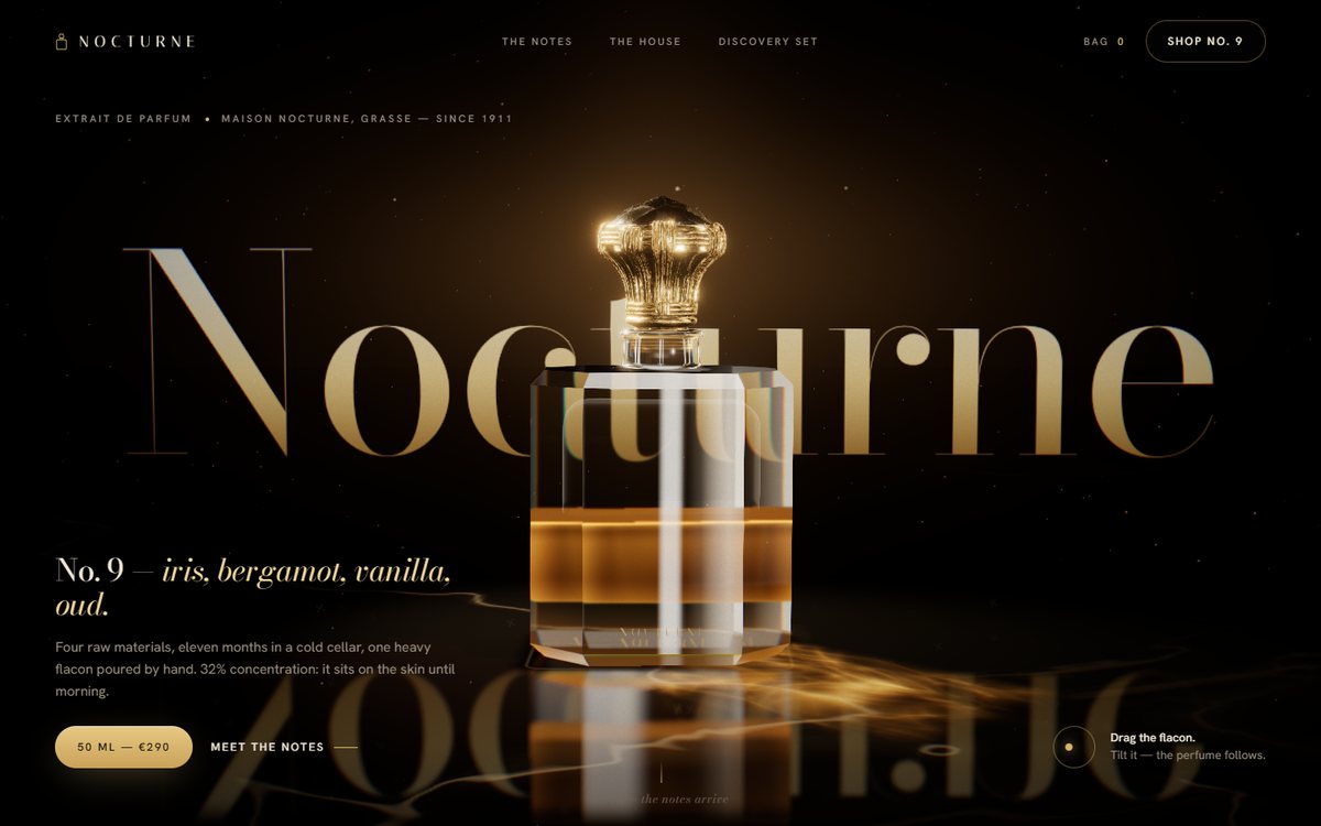 Nocturne fragrance experience with a glowing glass bottle