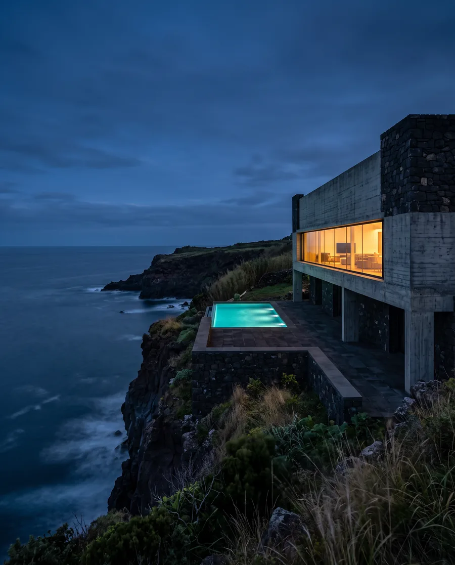 A modern house on a cliff at dusk, with its rooms lit against the dark sea
